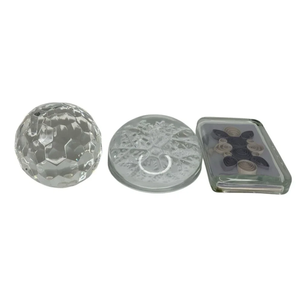 Vtg Mixed Crystal Glass Art Paperweight Lot of 3‎ Paper Quilled, Faceted, Domed
